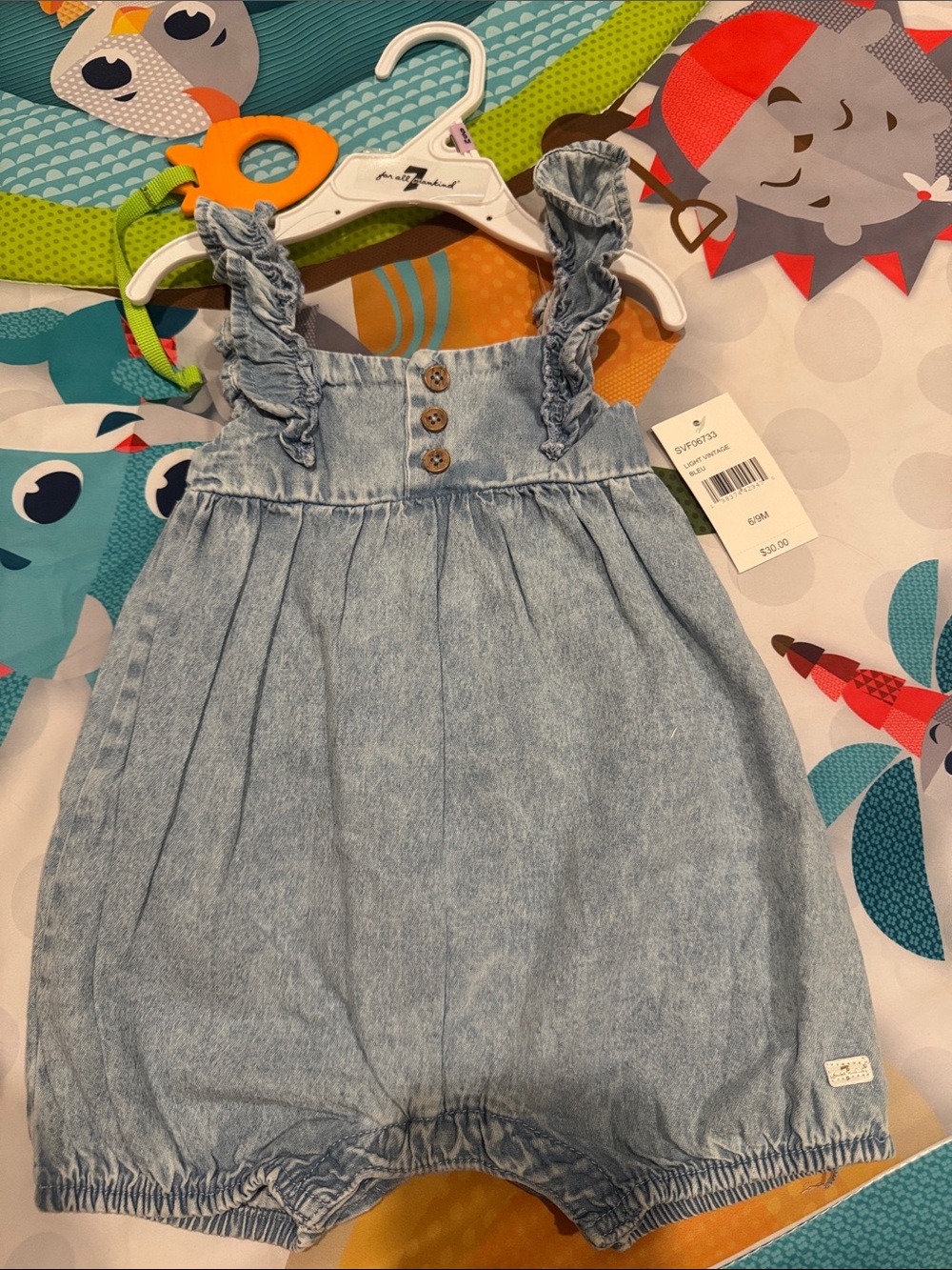 Light Blue Denim Baby Romper with Ruffle Straps